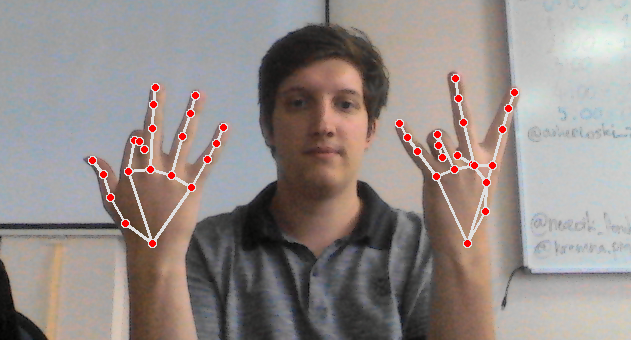 Ključne tačke iz MediaPipe Holistic Pipeline na rukama saradnika Đorđa Marjanovića.